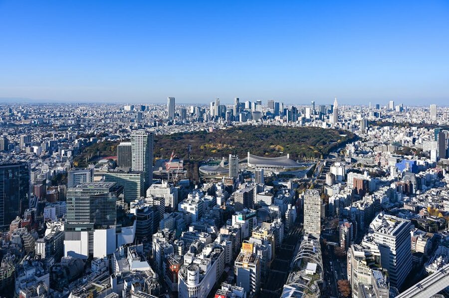 Aerial view of Tokyo cityscape with Shinjuku skyscrapers