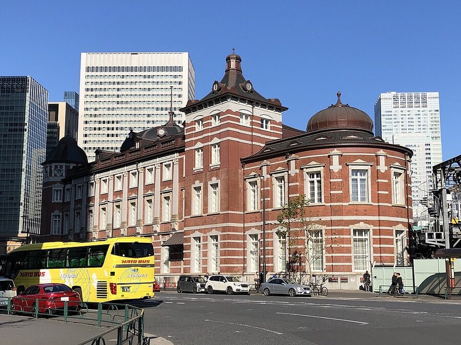 Hato Bus sightseeing coach parked at Tokyo Station Marunouchi exit