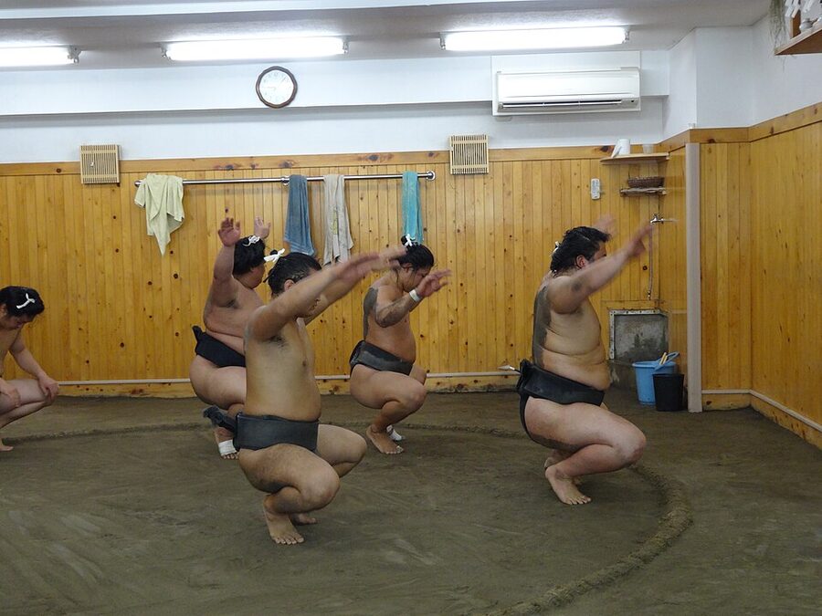 Sumo squats during training at Arashio Stable Tokyo