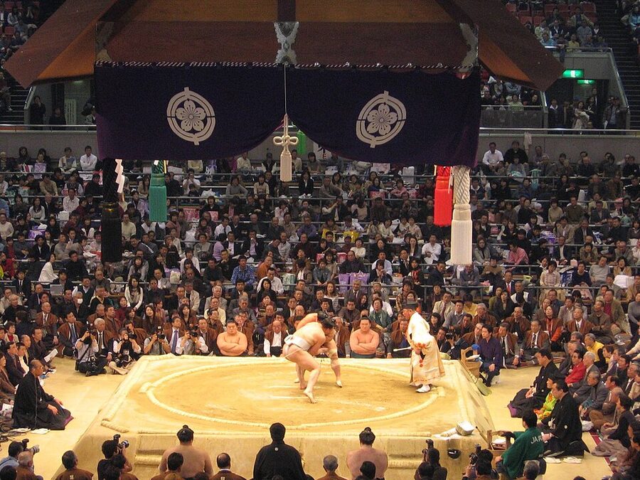 Dohyo sumo ring with tawara bales