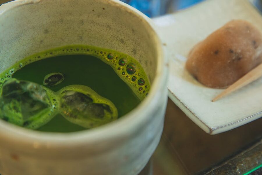 Matcha tea served with wagashi sweets