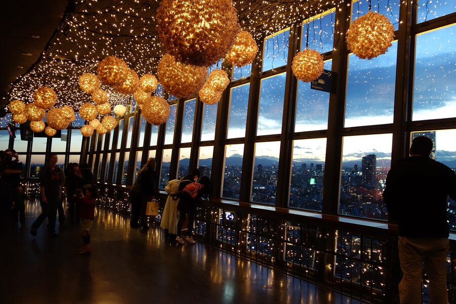 View from inside Tokyo Tower observation deck looking out over the city