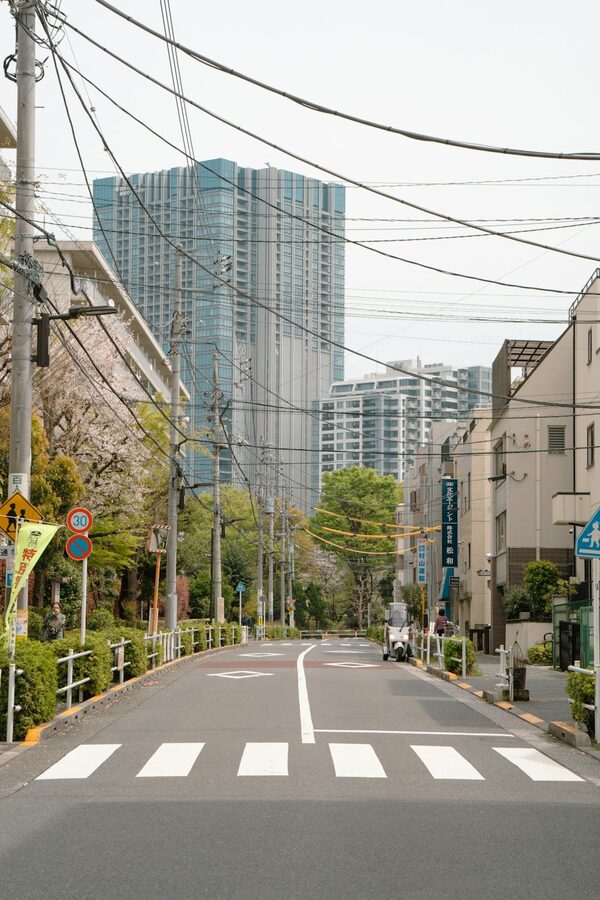 Tranquil urban street in Tokyo with tall buildings and lush green trees