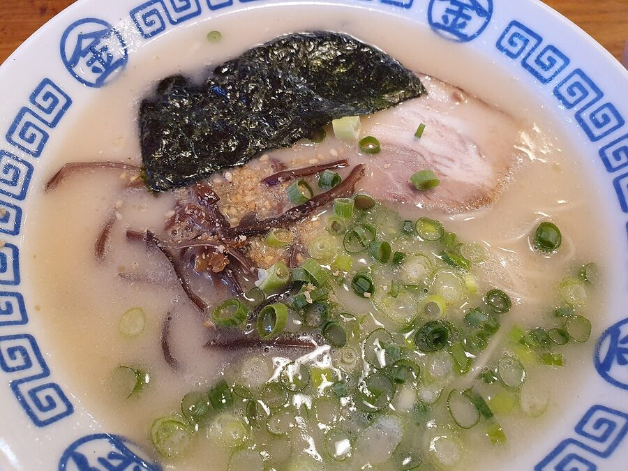 Overhead view of tonkotsu ramen bowl in Tokyo