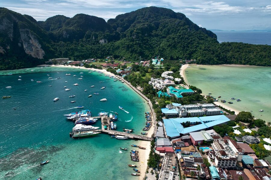 Aerial shot of Tonsai Village on Phi Phi Don island with turquoise waters