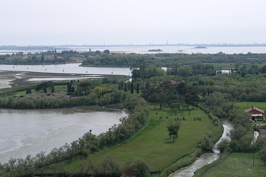 Venetian lagoon as seen from Torcello island showing the marshes and water
