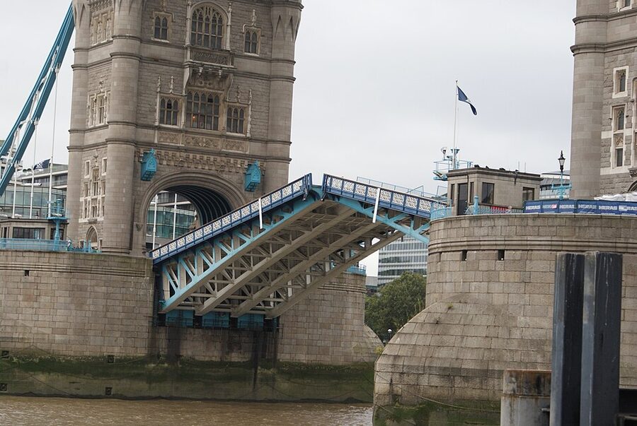 Tower Bridge bascules mid-opening Thames Path