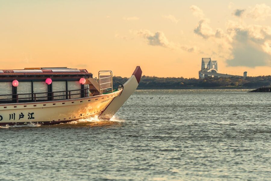 Traditional boat on Tokyo Bay at sunset