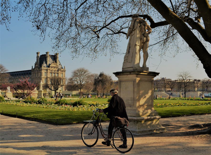 Cyclist in the Tuileries Garden with Louvre Palace behind Paris