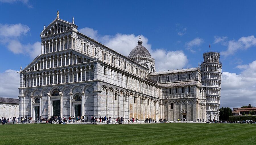 Piazza dei Miracoli in Pisa with cathedral and Leaning Tower