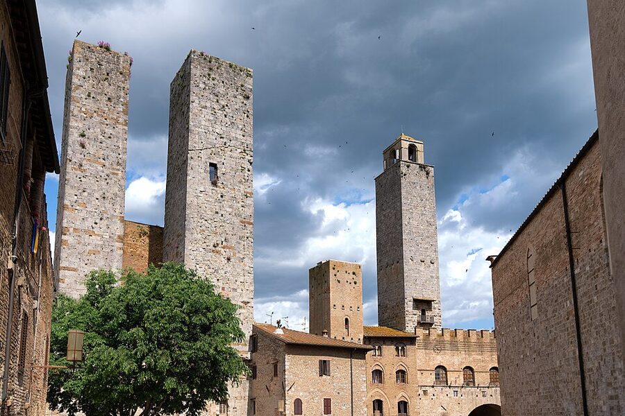 San Gimignano towers seen from the main square in Tuscany
