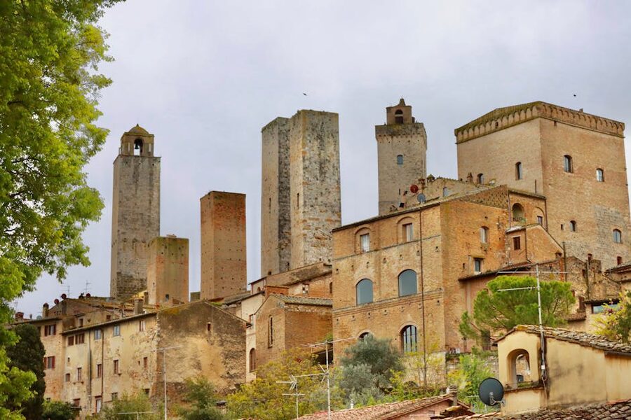 Stone towers in San Gimignano medieval town in Tuscany