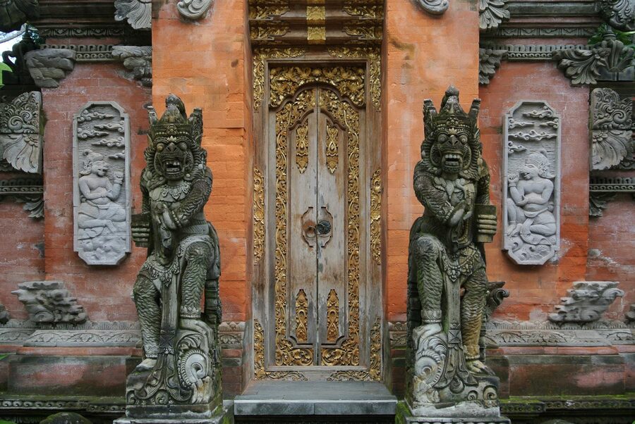 Ornate stone entrance of a traditional Balinese temple in Ubud