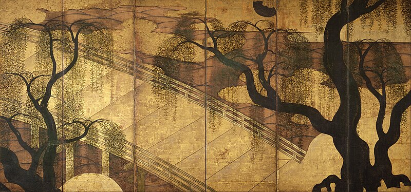 Historical painting of the River Bridge at Uji 16th century