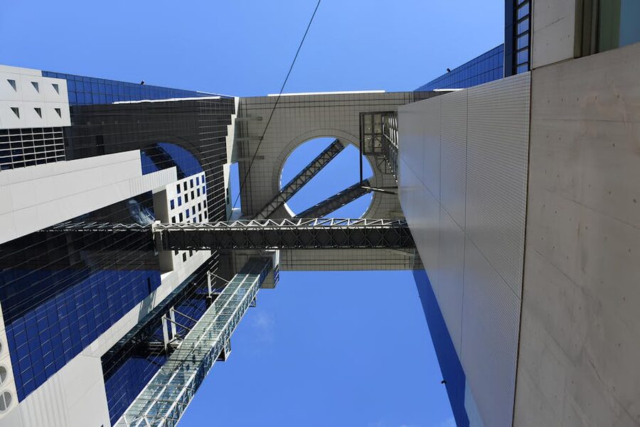 Dramatic upward angle view of Umeda Sky Building in Osaka