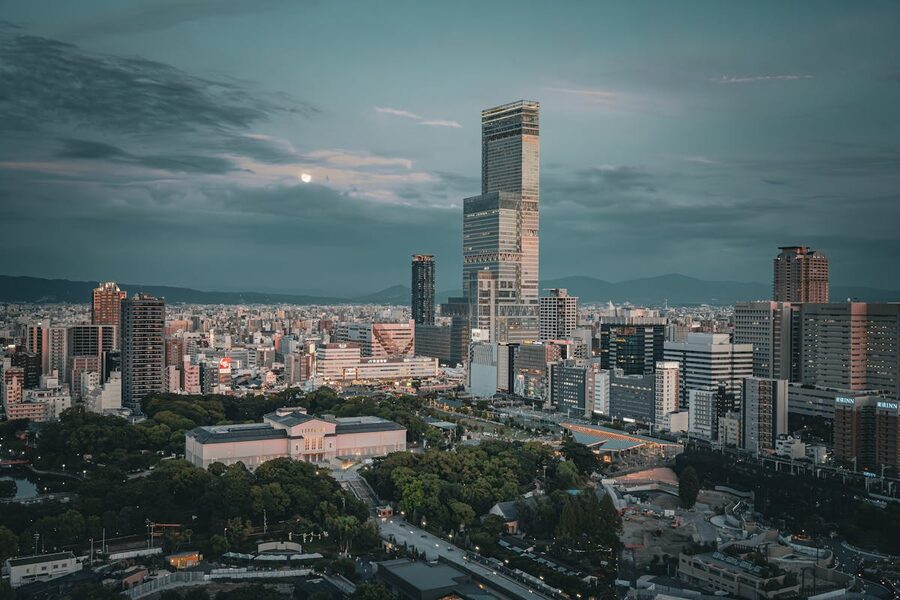 Osaka city skyline lit up at evening