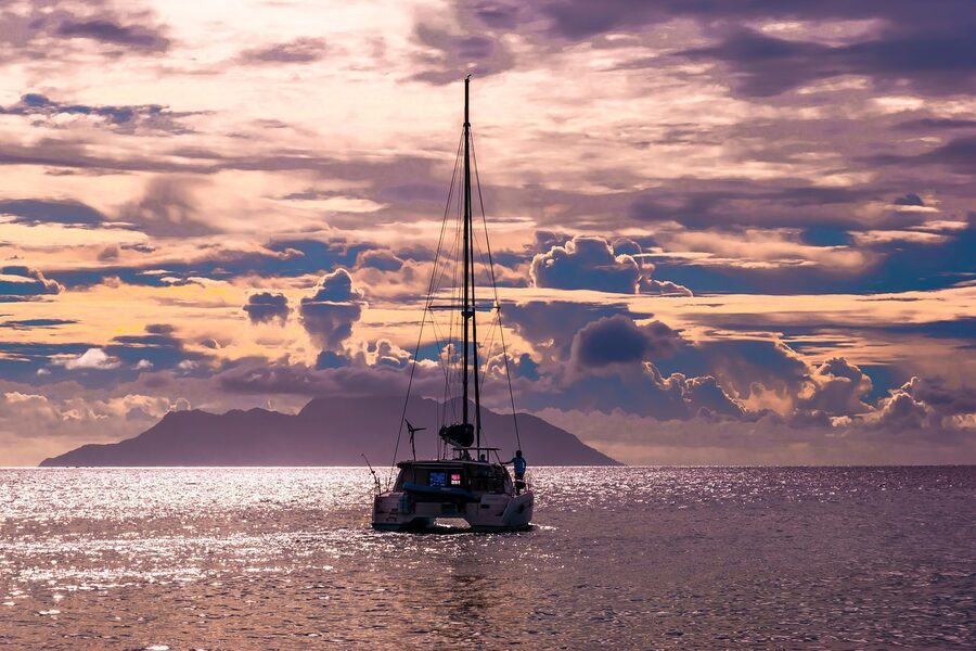 Catamaran sailing on calm Mediterranean