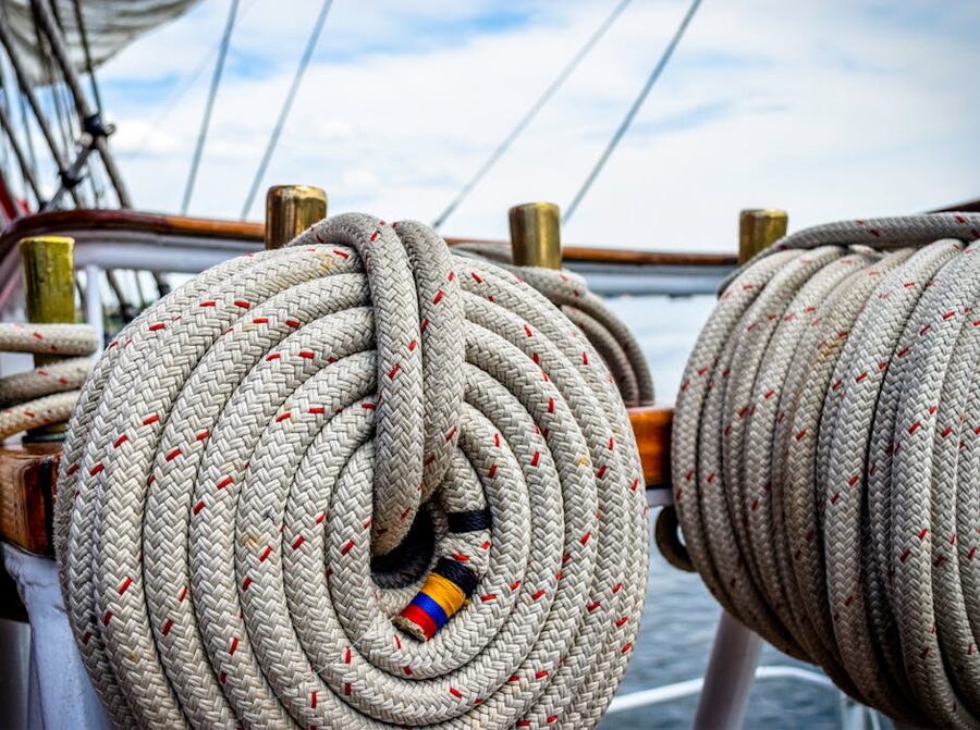 Sailing rope coiled near the sea