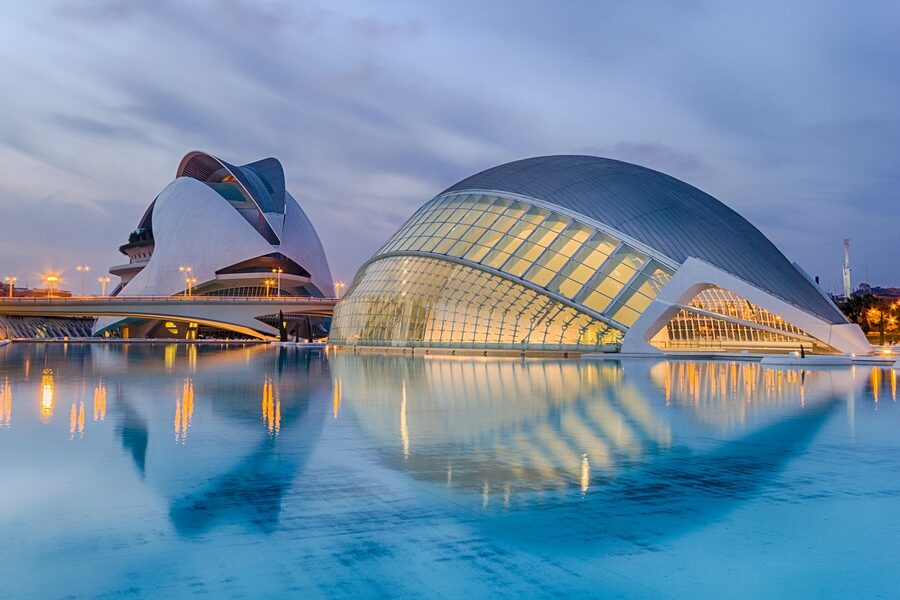 Valencia City of Arts at sunset with reflections