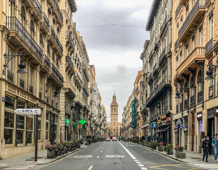 Valencia historic street with bell tower