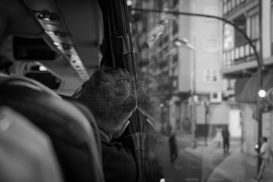 Valencia hop-on hop-off bus interior view through window