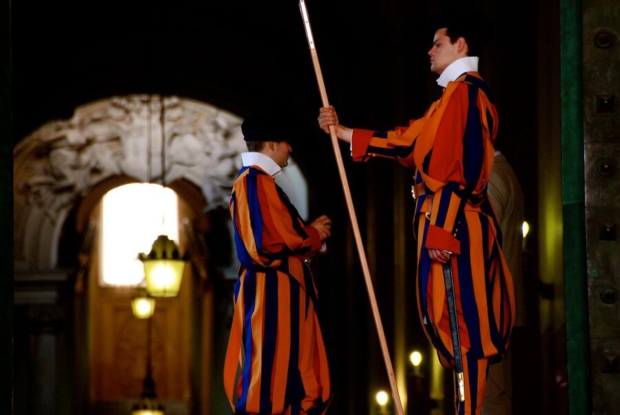 Swiss Guards in their traditional Renaissance uniforms at the Vatican