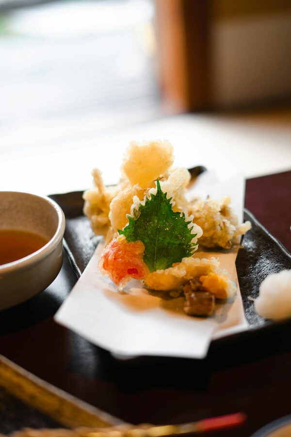 Beautifully served Japanese vegetable tempura dish
