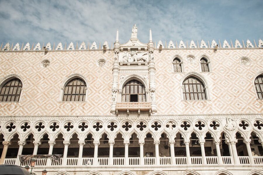 Doges Palace Gothic facade Venice with white pillars