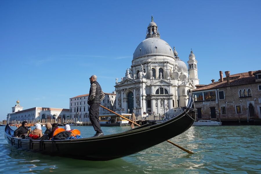 Gondola near Santa Maria della Salute basilica in Venice