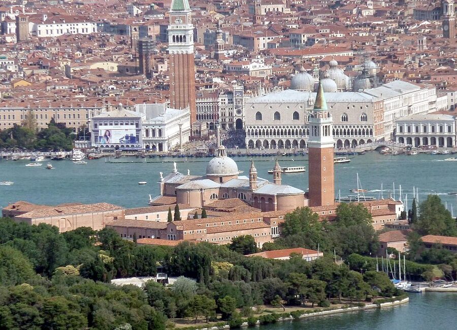 Piazza San Marco viewed from the sea with basilica and campanile