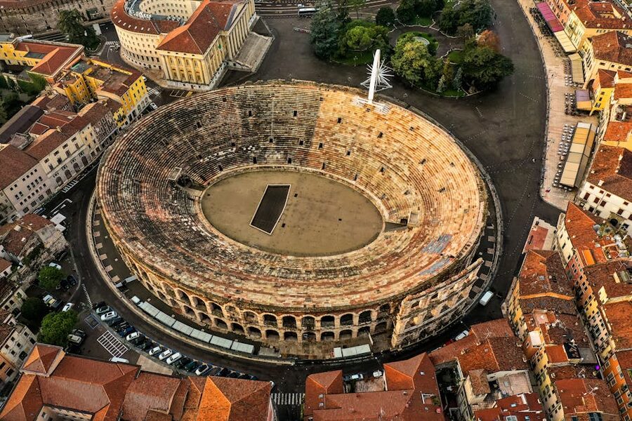 Aerial view of the Verona Arena and Piazza Bra