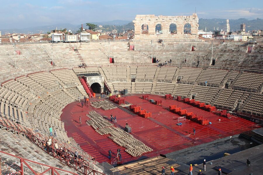Inside the Verona Arena with stage setup