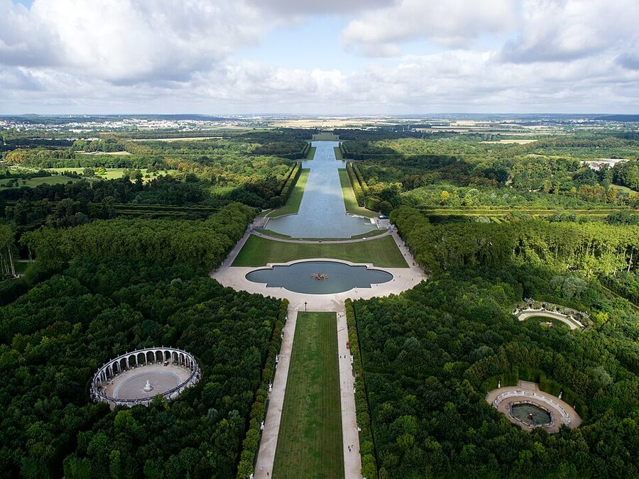 Aerial view of Versailles palace domain and gardens