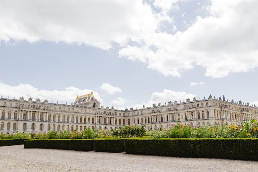 Versailles Palace facade and gardens from Paris