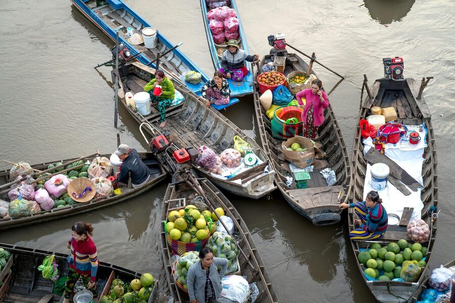 Aerial view of a floating market in the Mekong Delta Vietnam