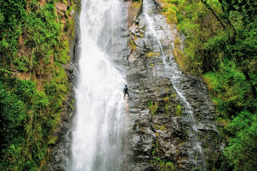 Tropical waterfall plunging through jungle in Vietnam