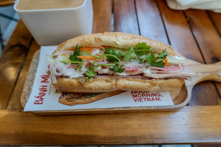 Fresh Vietnamese banh mi sandwich with colorful fillings