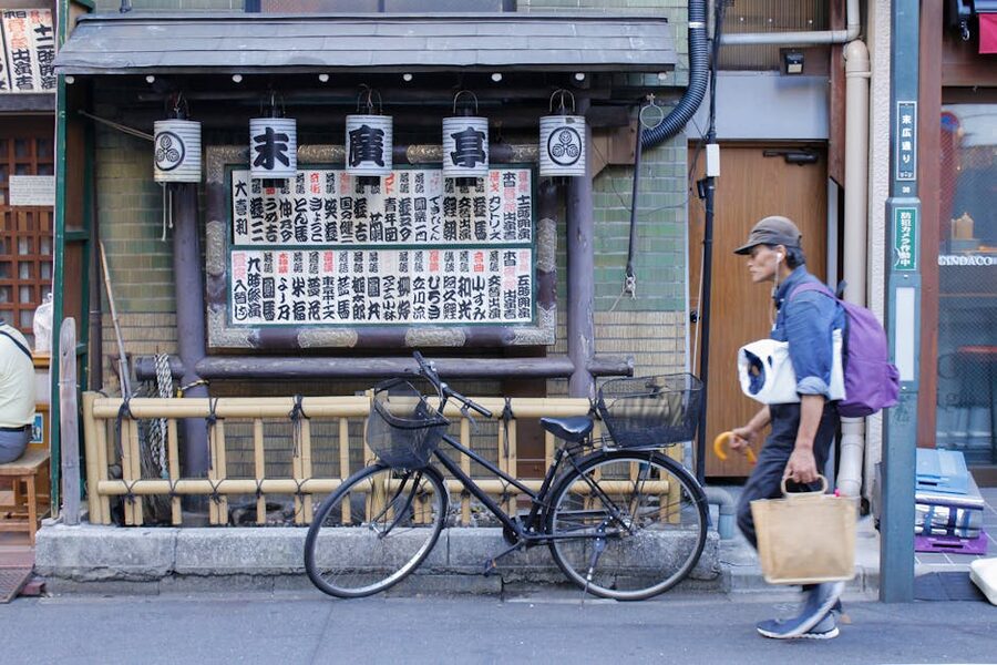 Vintage Japanese shopfront with bicycle in Tokyo