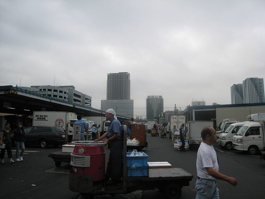 Scene from inside Tsukiji Fish Market showing vendor stalls and buyers