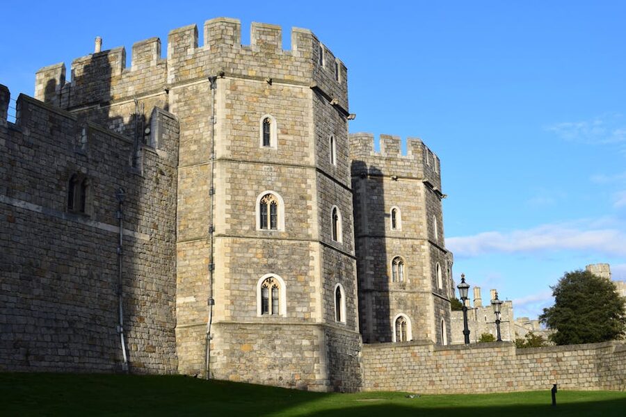Stone walls of Windsor Castle on a clear sunny day
