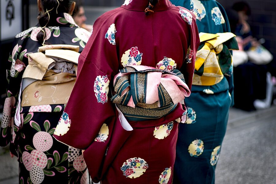 Women in colorful traditional kimono in Japan