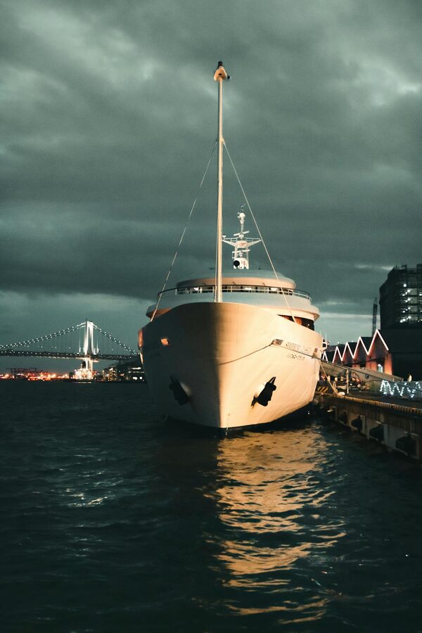 Yacht docked in Tokyo with city skyline and bridge in the background