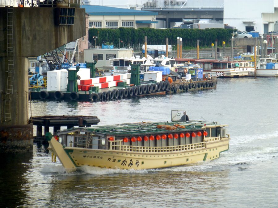 Traditional yakatabune boats lined up at Shinagawa dock in Tokyo