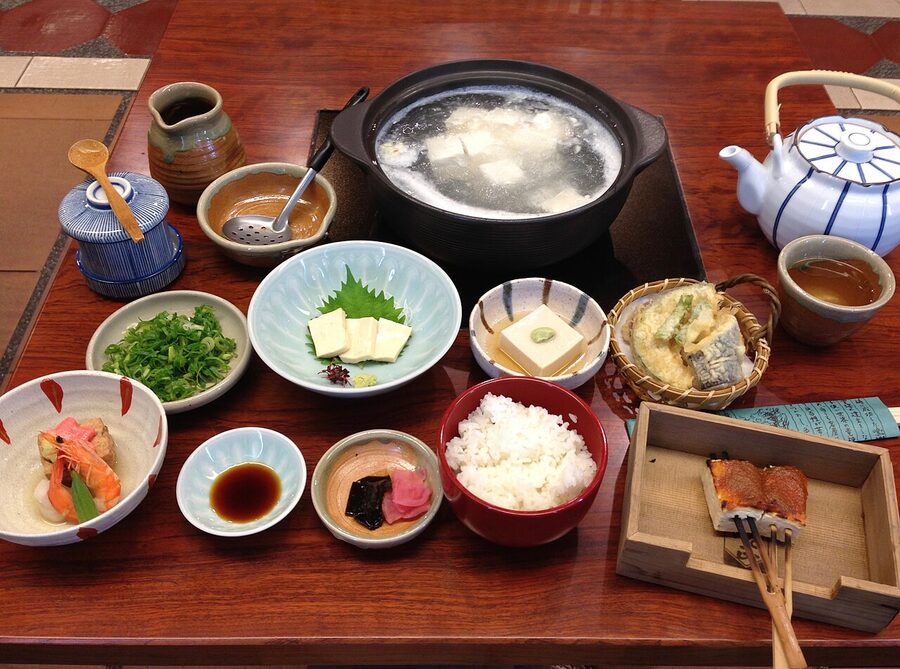 Yudofu tofu hot pot meal set served in Kyoto