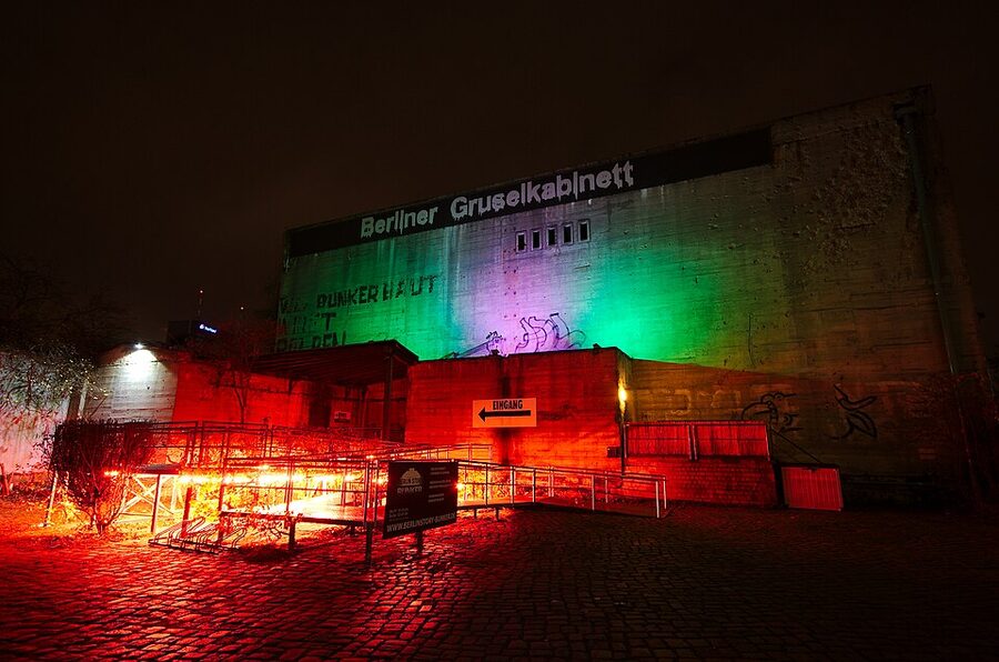 Berlin Story Bunker exterior lit with colour-changing facade lighting