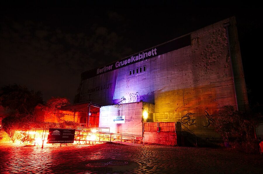 Berlin Story Bunker exterior at night