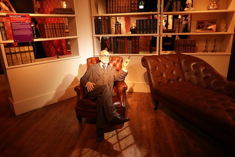 Sigmund Freud wax figure on his analyst's couch