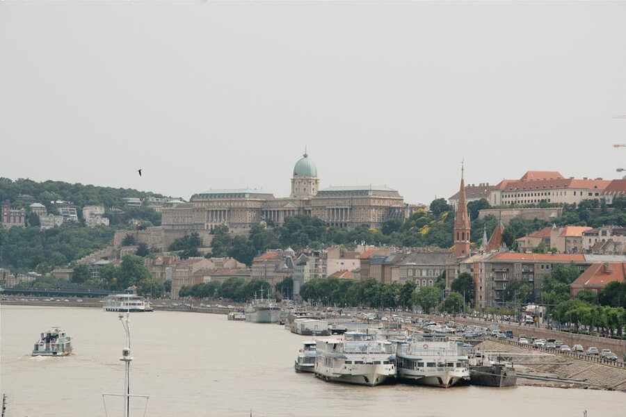 Aerial view of Buda Castle along the Danube River in autumn