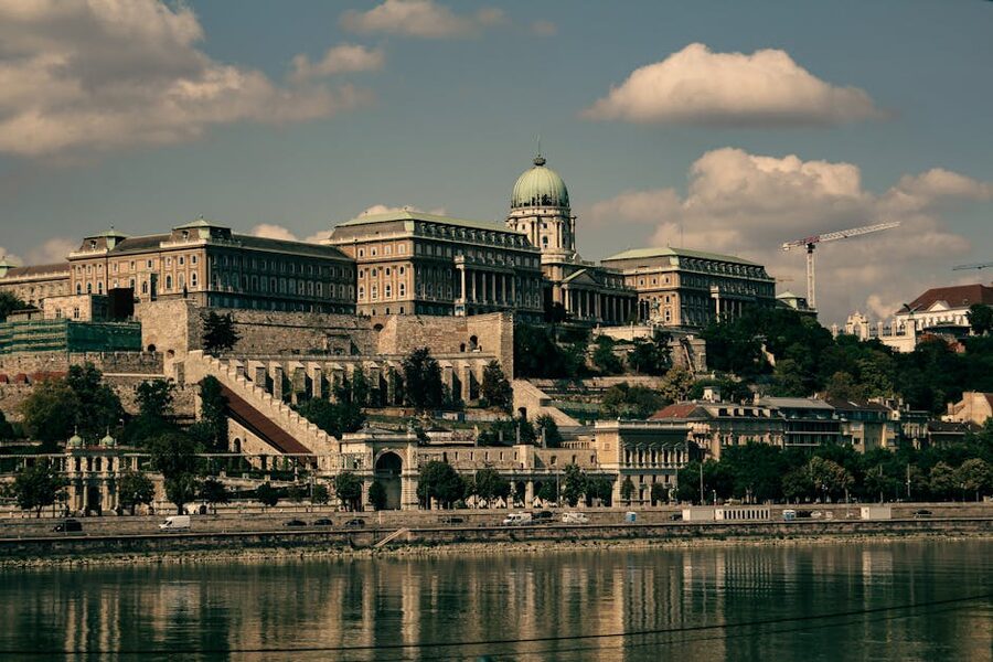 Buda Castle seen from the Danube River with the green dome visible