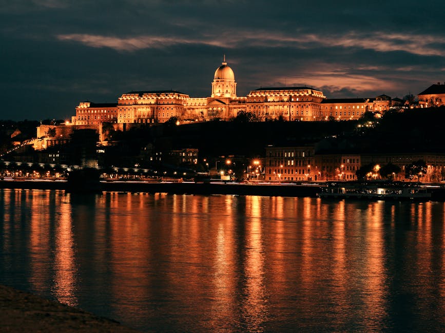 Buda Castle illuminated at night seen from the Danube River